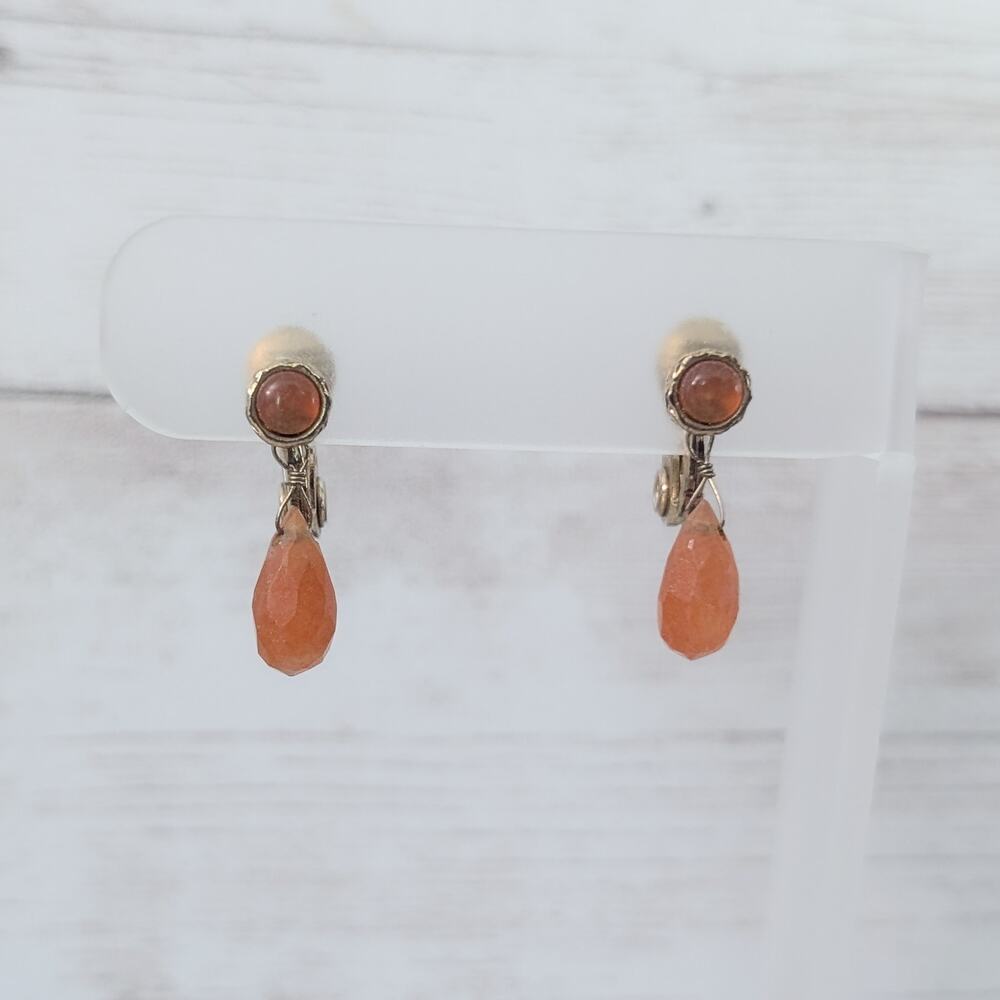 Vintage Monet Clip On Earrings Orange & Gold Tone Dangle - Fair Condition